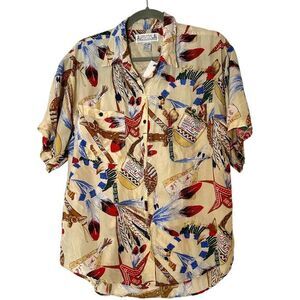 Vintage WHISTLES 100% Silk Shirt Button Up‎ Short Sleeve Native American Sz M